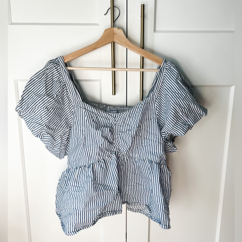Puff Sleeve Ruched Babydoll Swing Blouse Blue Stripe